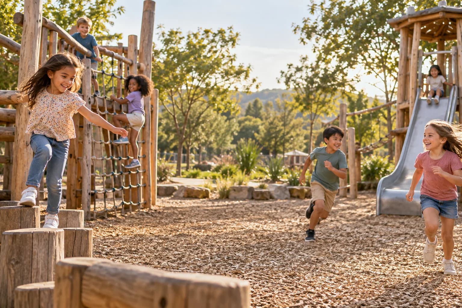 A diverse group of children playing together on playground equipment