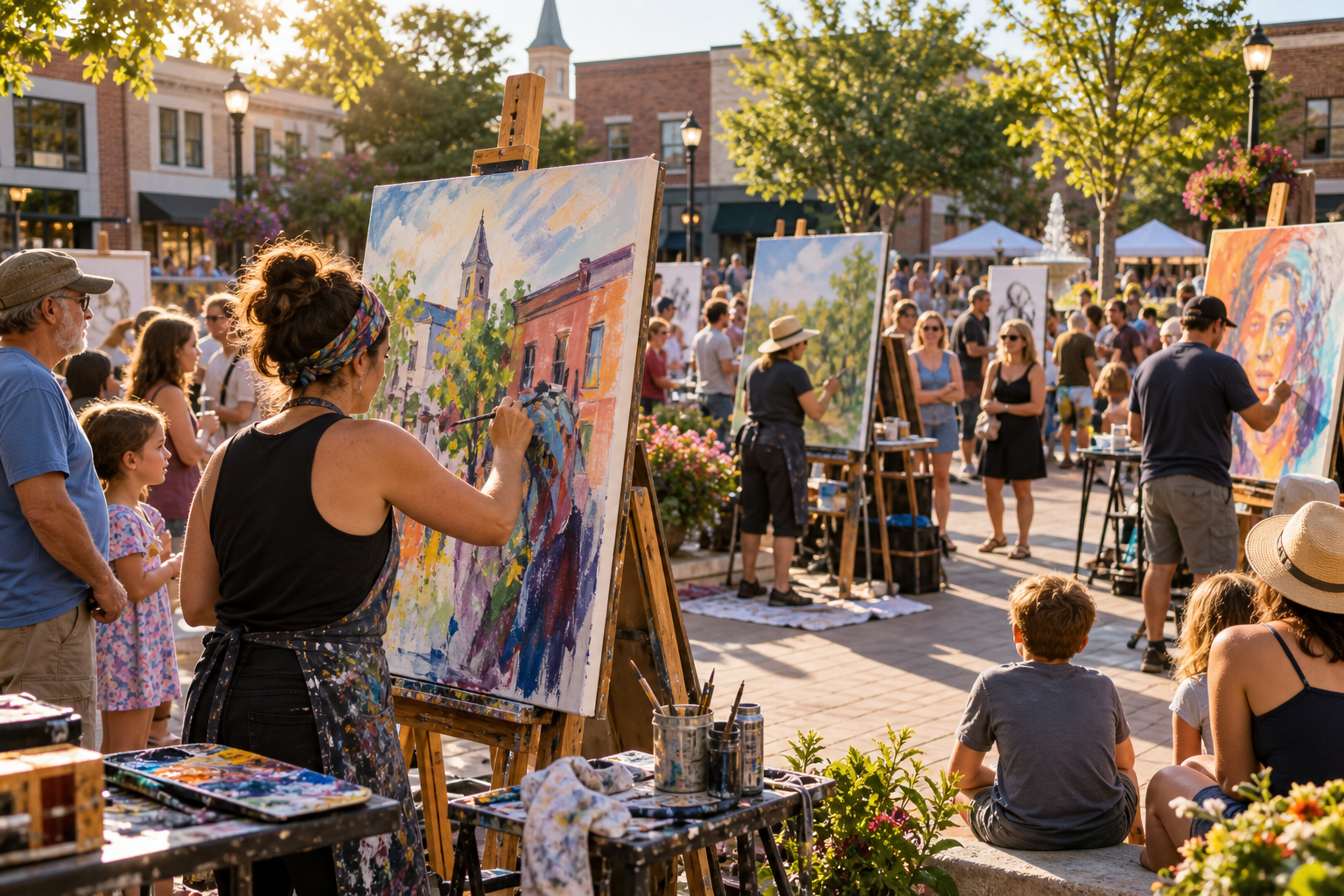 Artists painting before a crowd