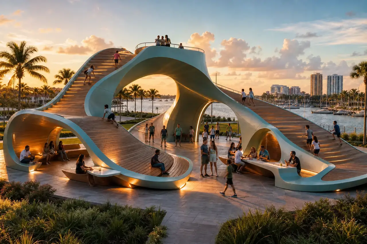 Clearwater Current climbable social landmark with broad wooden ridges, an elevated lookout, walk-through arches, seating coves, and accessible tables on the waterfront