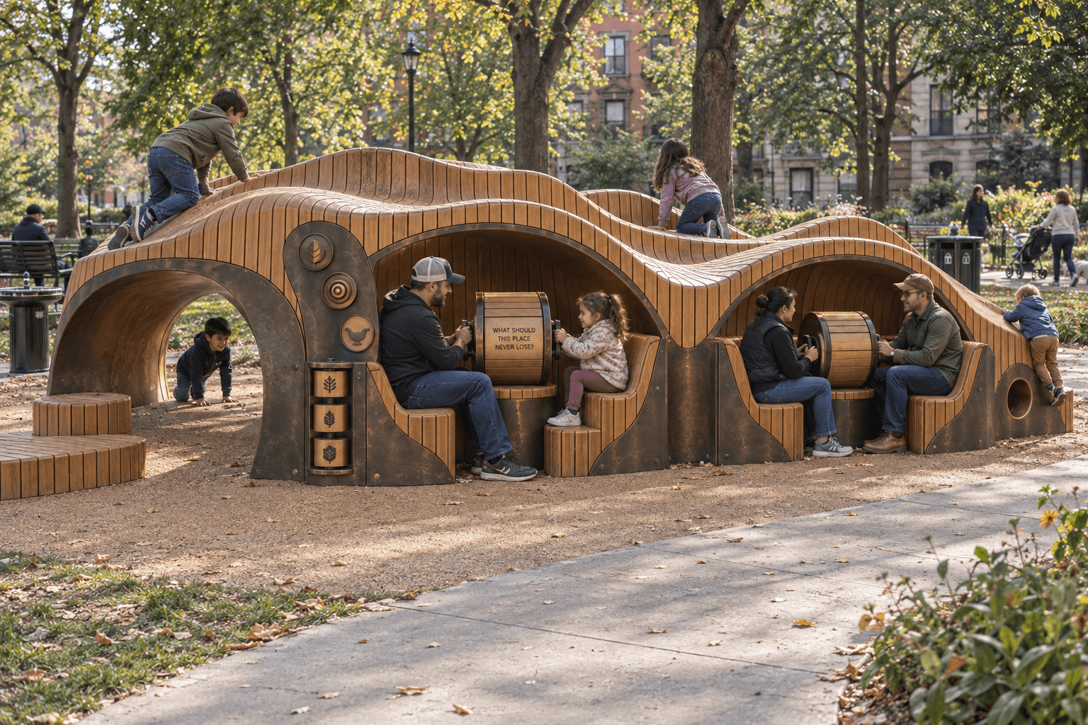 Conversation Cove Social Furniture concept in a public park with two sheltered upright seating coves, conversation-prompt wheels, and a climbable timber form