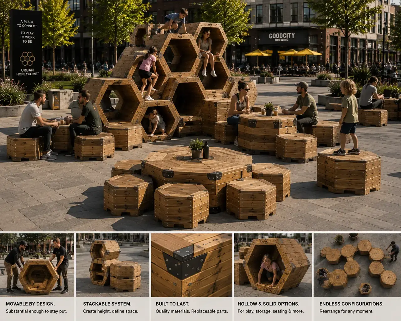 HoneyComb modular Social Furniture concept arranged as seating, tables, play structures, and gathering spaces