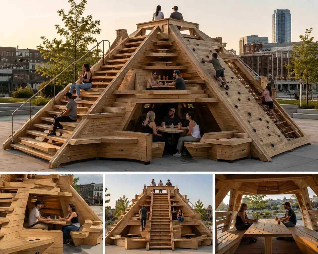 Pyramid Peak Social Furniture concept with broad stairs, climbing surfaces, sheltered tables, and rooftop seating
