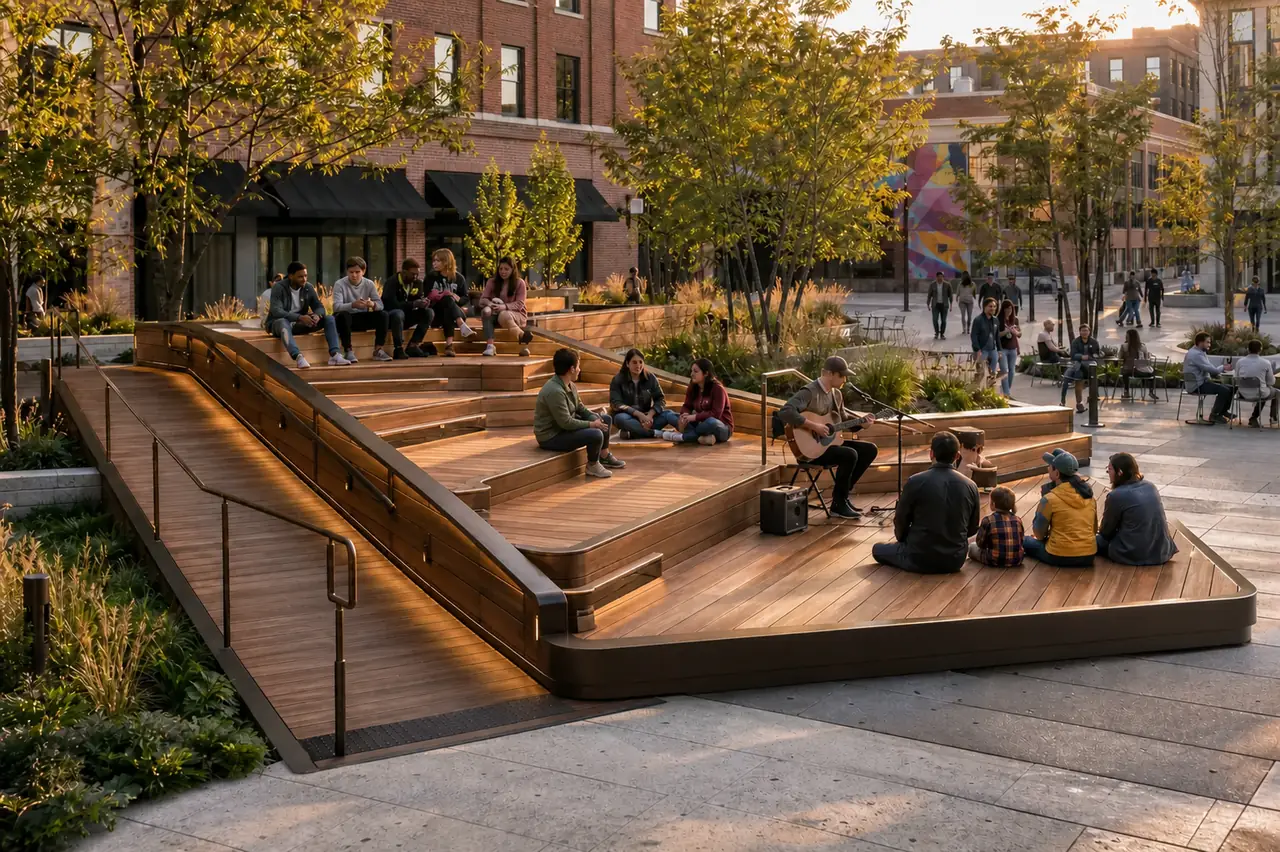 The Stoop Social Furniture concept with tiered seating, an accessible ramp, informal performance space, and people gathering